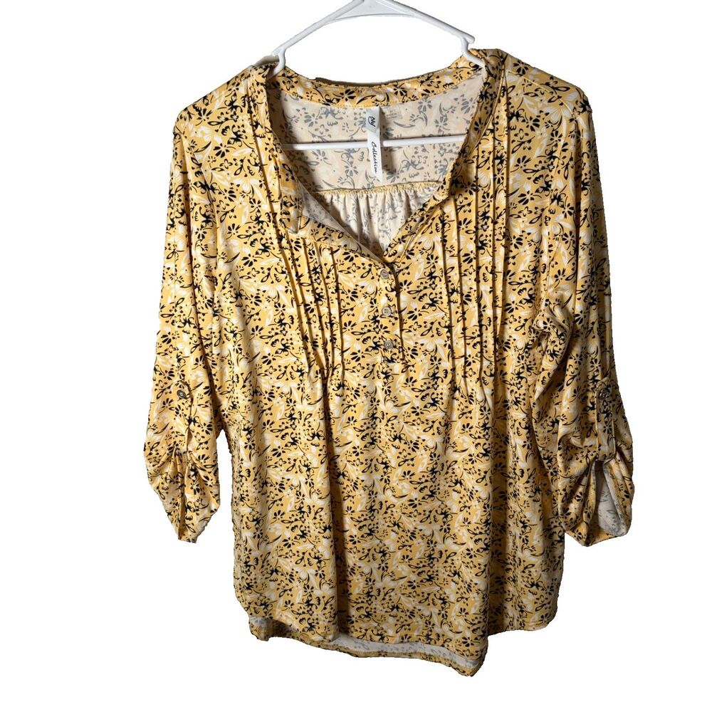 NY Collection Blouse Women's Medium Yellow V-Neck 3/4 Sleeve Pleated Top